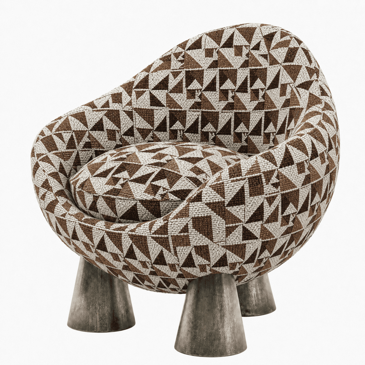 A modern spherical lounge chair featuring a distinctive geometric patterned upholstery and supported… — 3D model