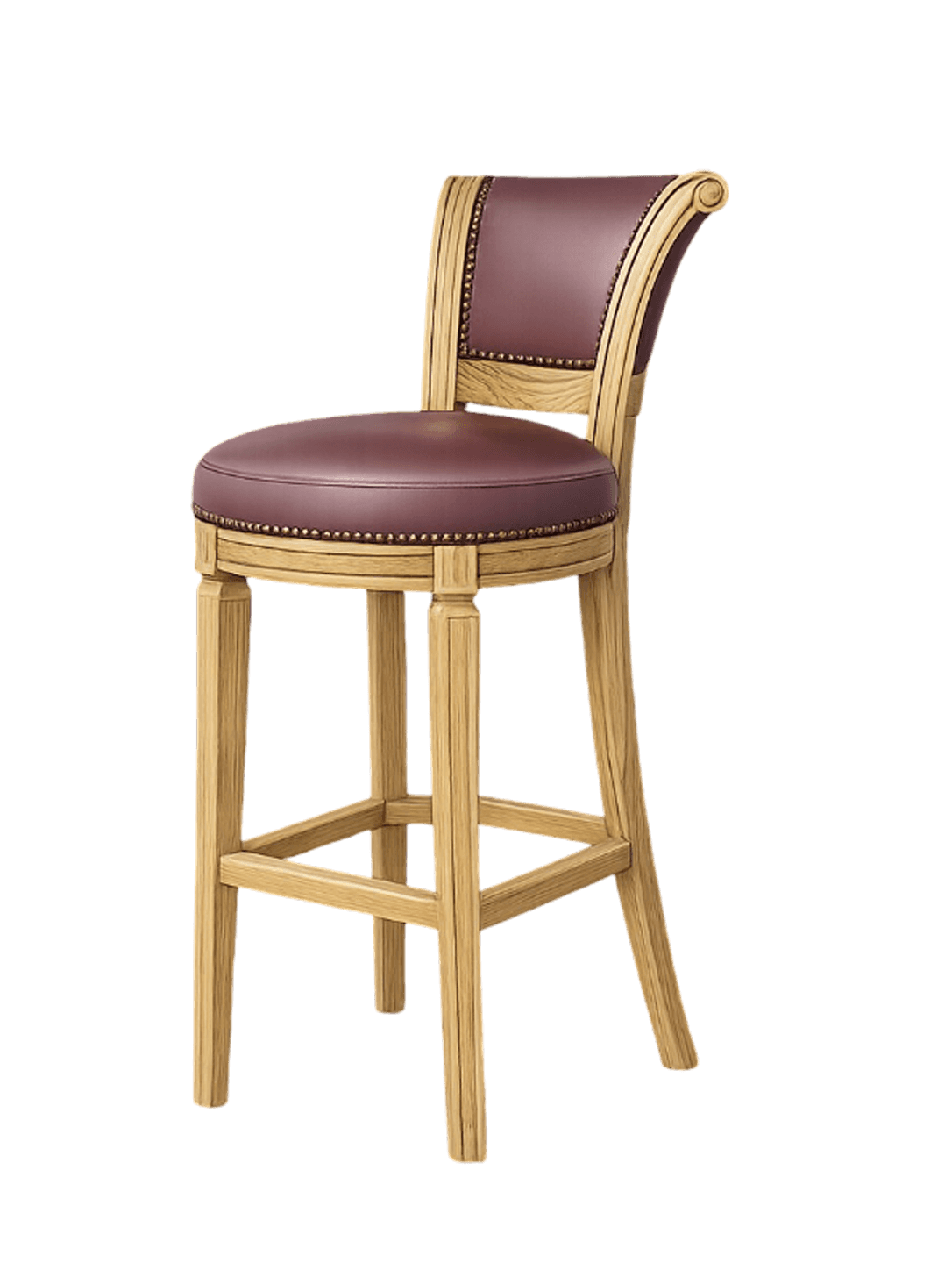 A traditional bar stool featuring a light-toned wooden frame and rich maroon leather upholstery. The… — 3D model