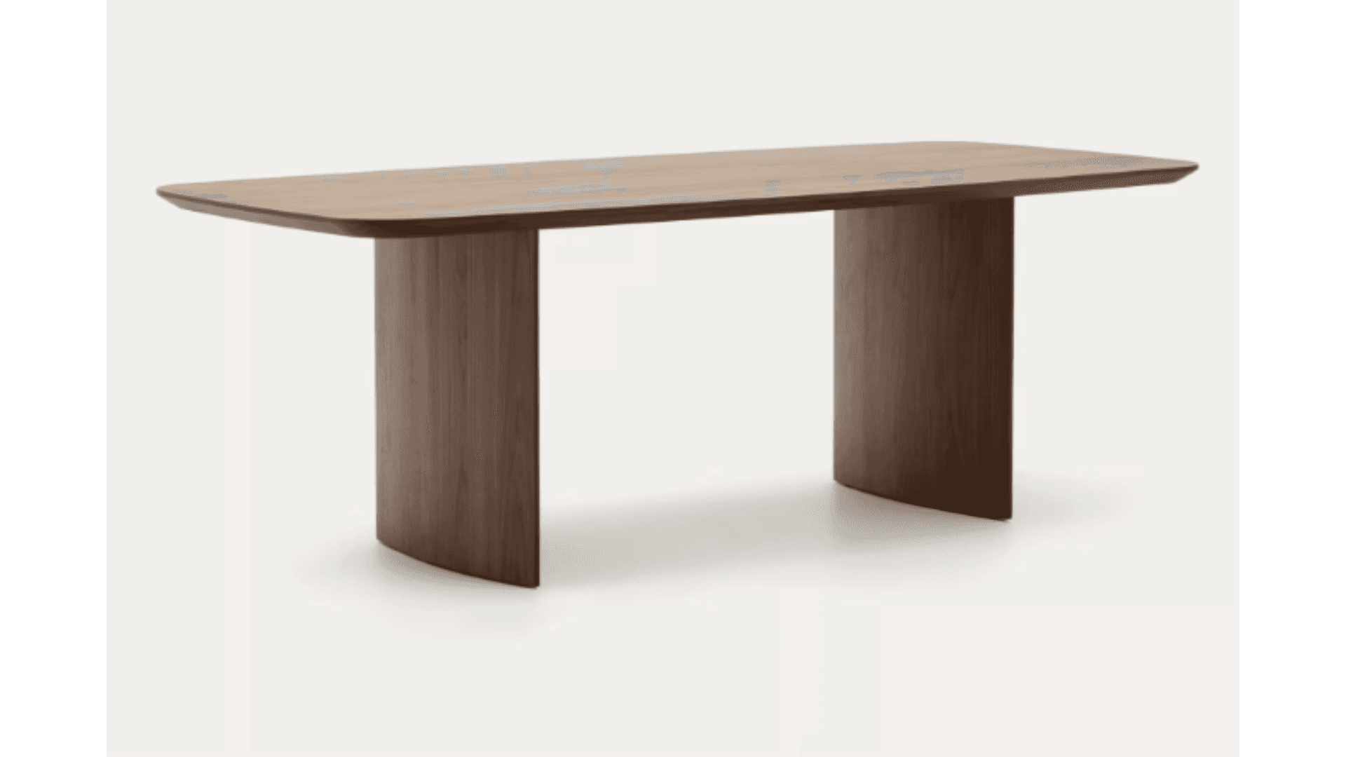 A modern console table with a rectangular wooden top and two curved, vertical pedestal legs. The leg… — free BLEND 3D model