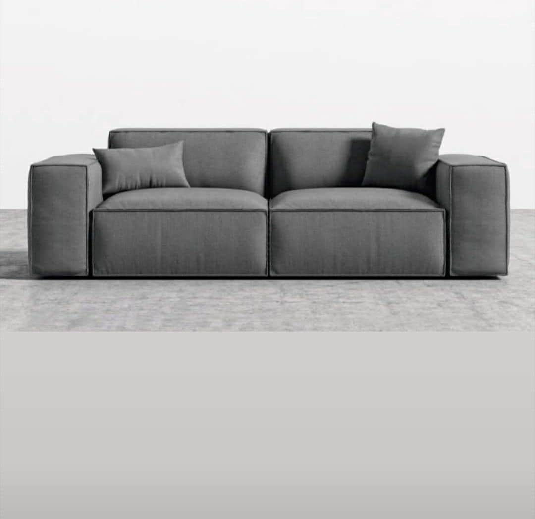 A contemporary gray modular sectional sofa featuring a two-seater configuration with square arms and… — 3D model