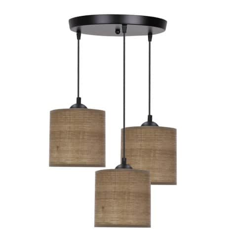 A modern triple pendant light fixture featuring three cylindrical shades suspended from a single bla… — 3D model