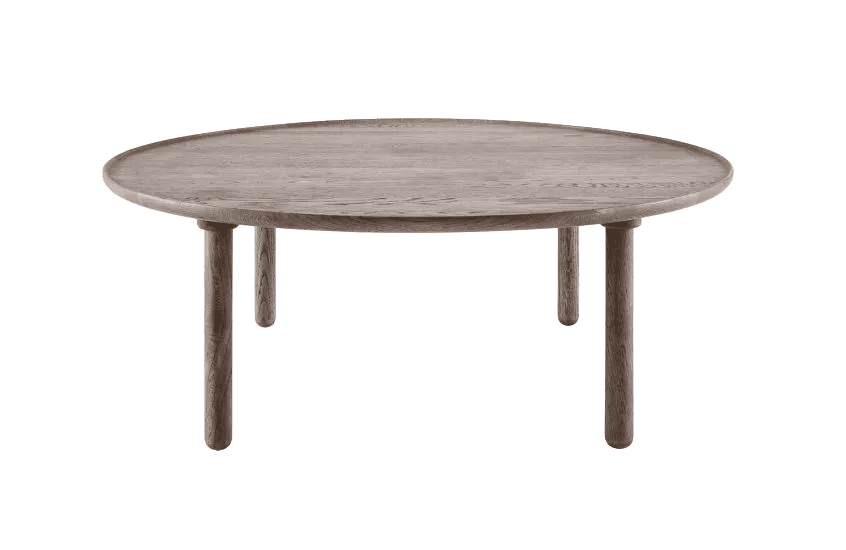 A round coffee table with a slightly raised edge, supported by four cylindrical legs. The wood grain… — 3D model