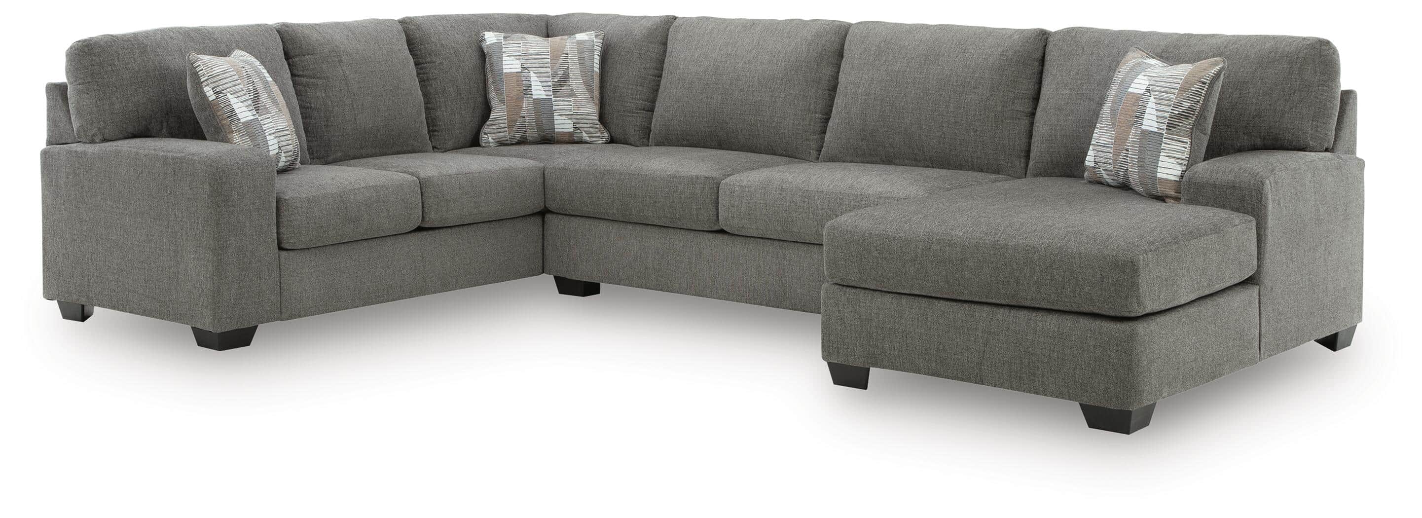 A contemporary gray fabric sectional sofa featuring a chaise lounge extension, track arms, and multi… — 3D model