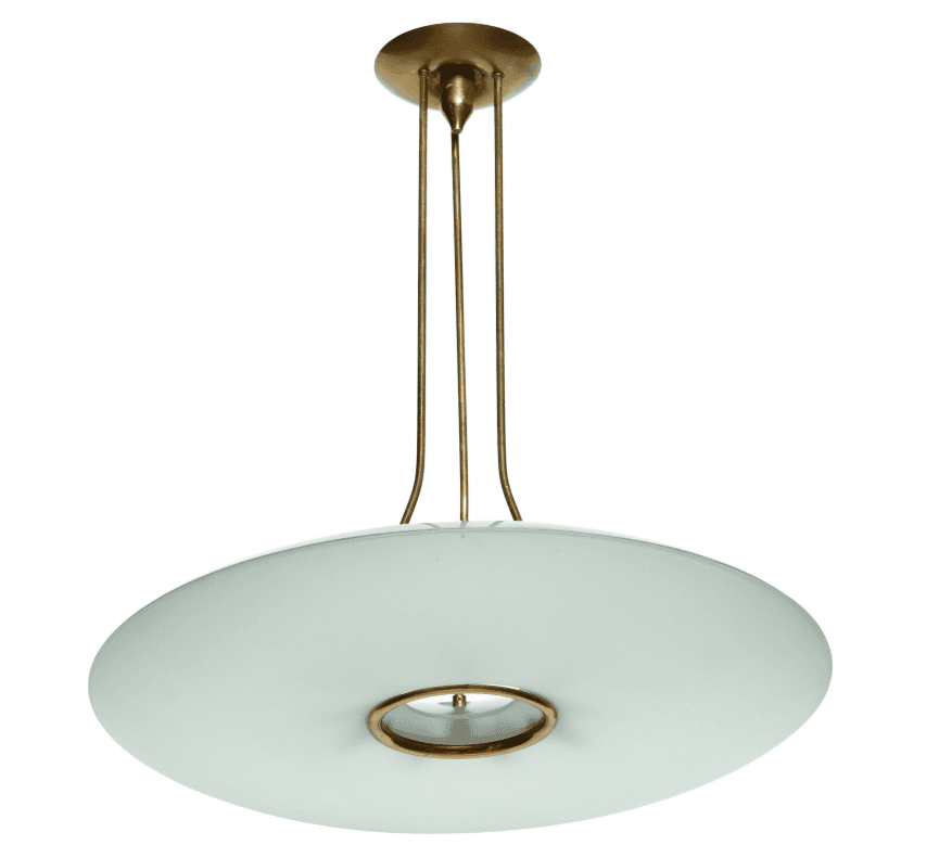 A modern ceiling pendant light featuring a circular, flat, frosted glass or acrylic shade suspended… — 3D model