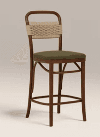A bar stool featuring a bentwood frame, a woven fiber backrest, and an upholstered seat. The frame i… — 3D model