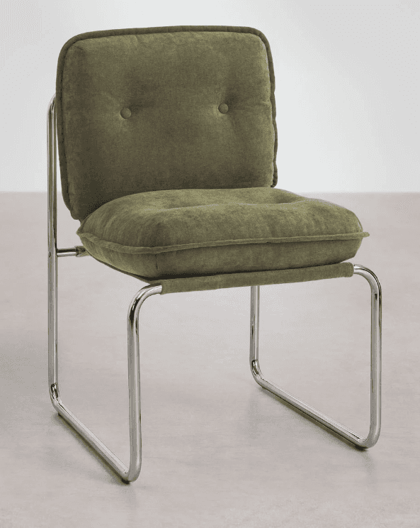 An armless cantilever chair featuring a shiny chrome tubular steel frame and plush, olive green upho… — free SKP 3D model