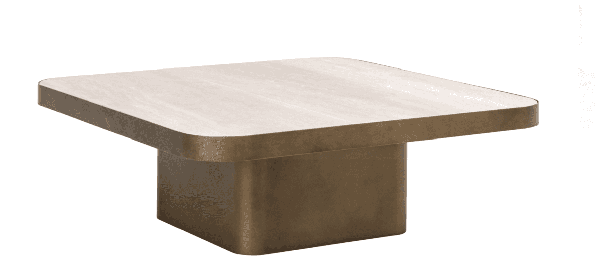 A contemporary square coffee table featuring a substantial plinth base in a bronze-toned metal finis… — 3D model