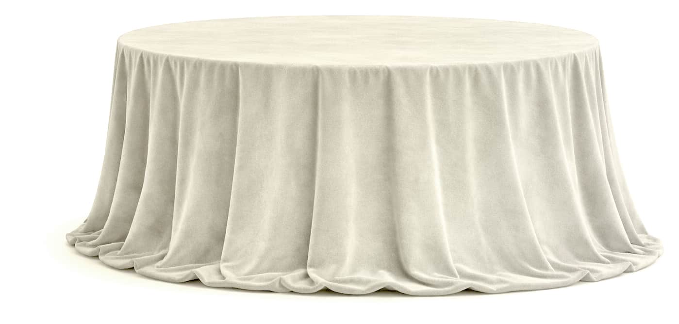 A minimalist, digitally rendered image of a round table fully enveloped by a cream-colored, floor-le… — 3D model