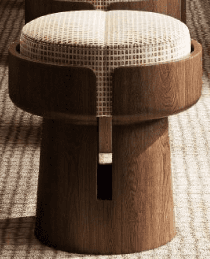A contemporary stool featuring a cylindrical wooden base with a flared top section. The base has a c… — 3D model