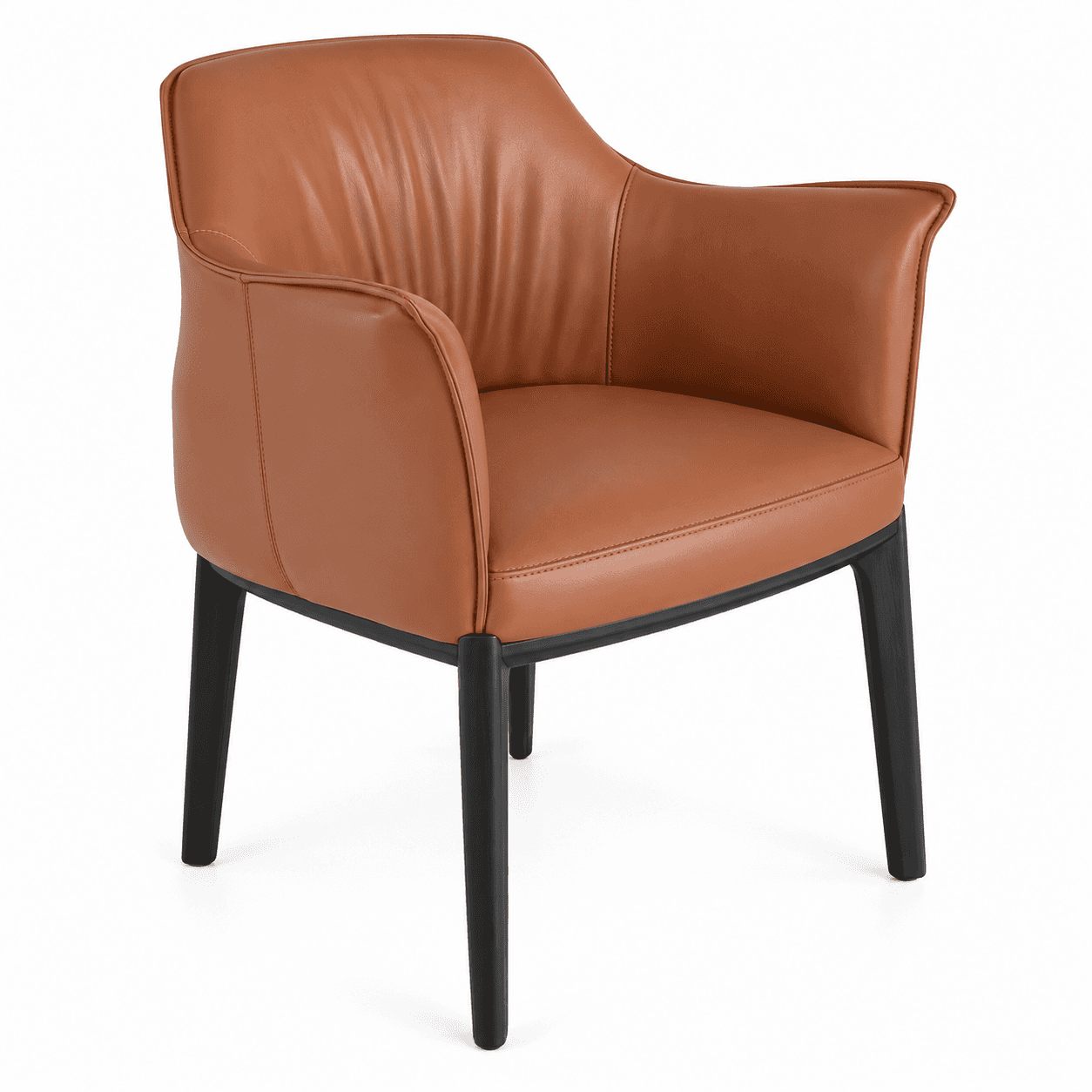 A contemporary armchair featuring cognac-colored faux leather upholstery and a sturdy black frame wi… — 3D model