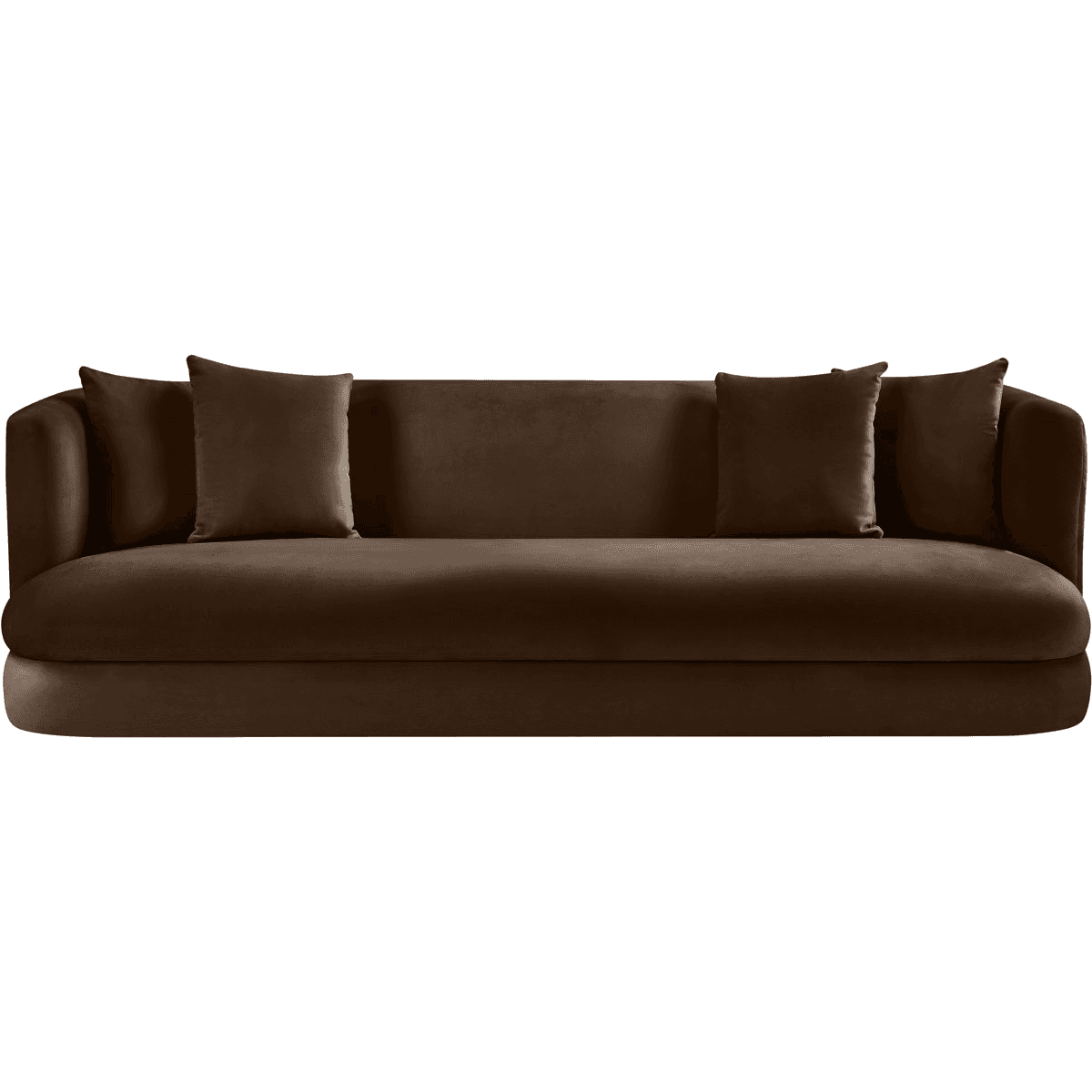 A plush, deep brown sofa with a streamlined, modern design. It features curved armrests that blend s… — 3D model