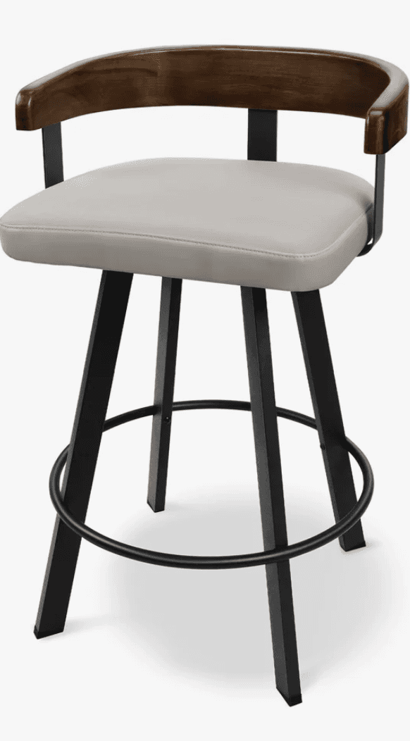 A modern bar stool featuring a light grey faux leather upholstered seat, a curved dark wood backrest… — 3D model