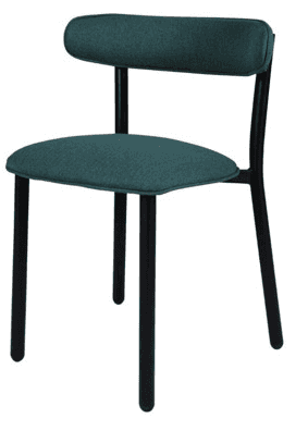 A modern, armless chair with a dark green upholstered seat and backrest, supported by a black metal… — 3D model