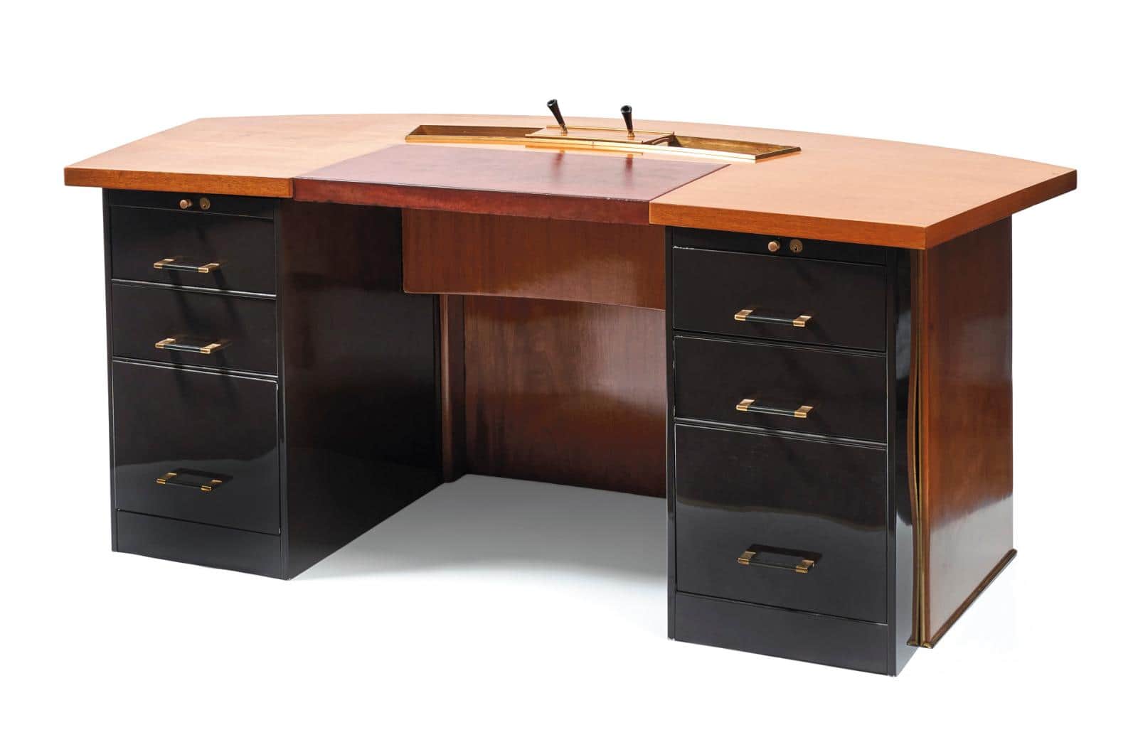A large, executive-style desk with a curved front. The desk features a light-colored wood top, a cen… — free OBJ 3D model