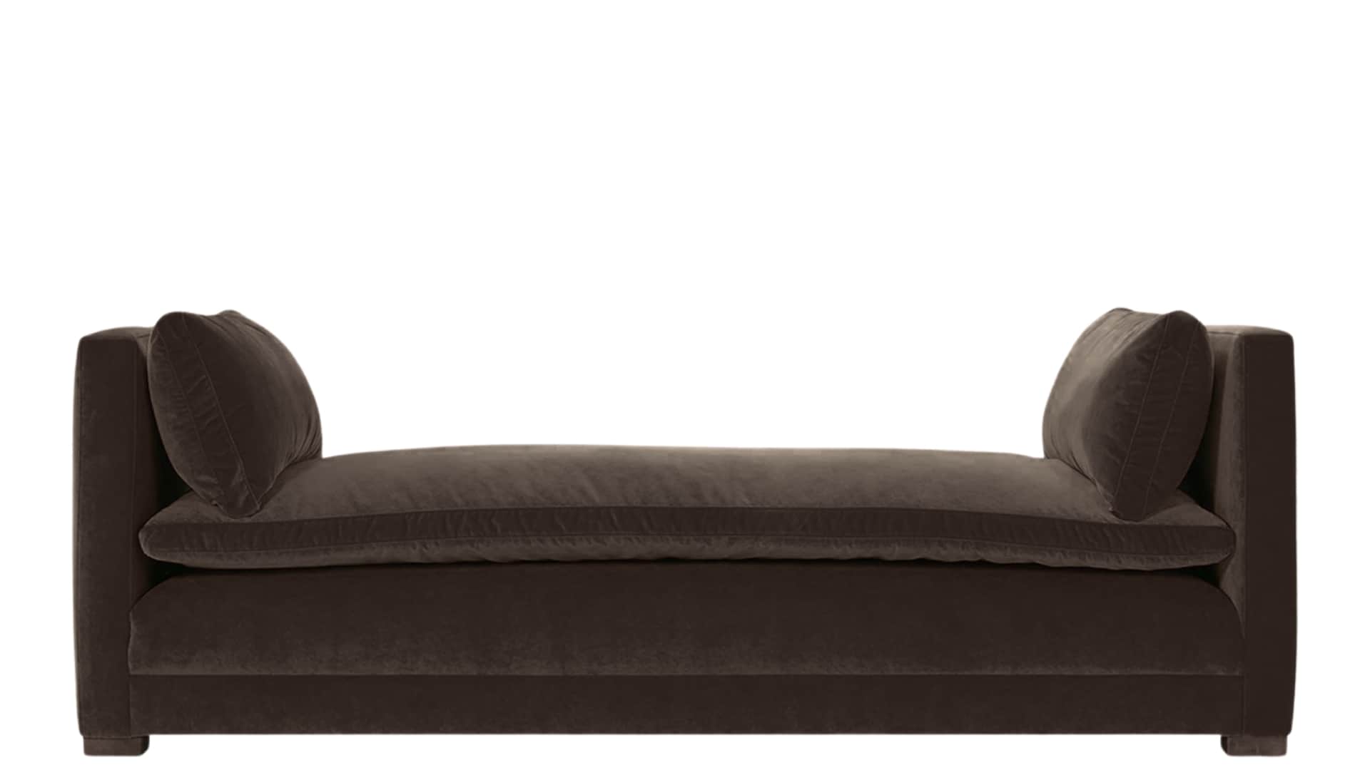 A low-profile upholstered daybed with a rectangular seat cushion and two scatter cushions placed aga… — 3D model