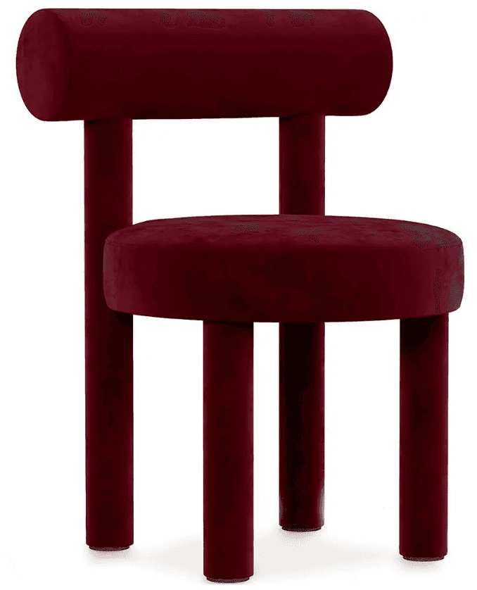 A contemporary accent chair upholstered in a deep red velvet fabric. The chair features a cylindrica… — free FBX 3D model