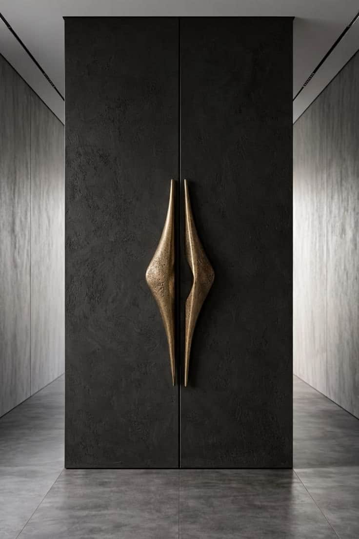 A tall, dark-textured double-door cabinet featuring prominent, elongated, sculptural brass handles.… — 3D model
