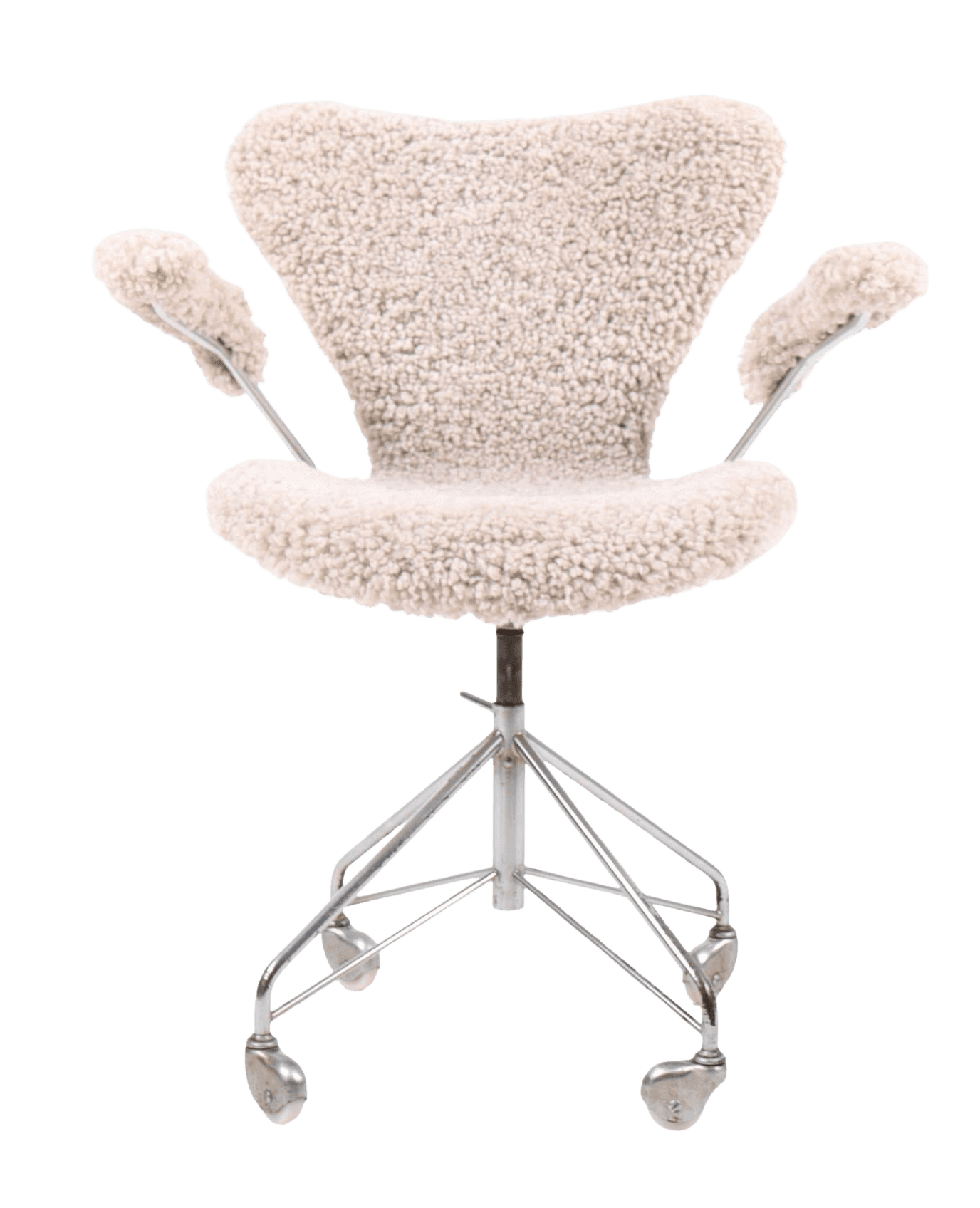 A modern armchair upholstered in a textured, off-white fuzzy fabric. It features a distinctive winge… — 3D model
