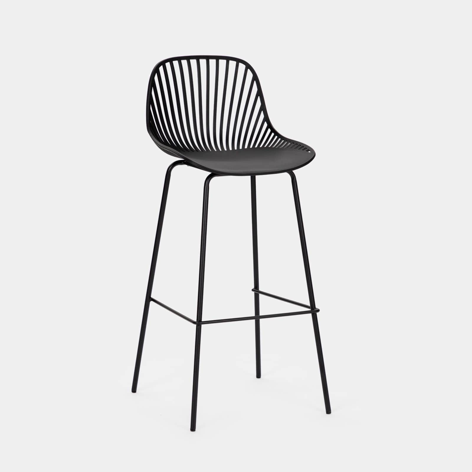 A modern black bar stool with a distinctive design. The seat and backrest are formed by a molded, cu… — free BLEND 3D model