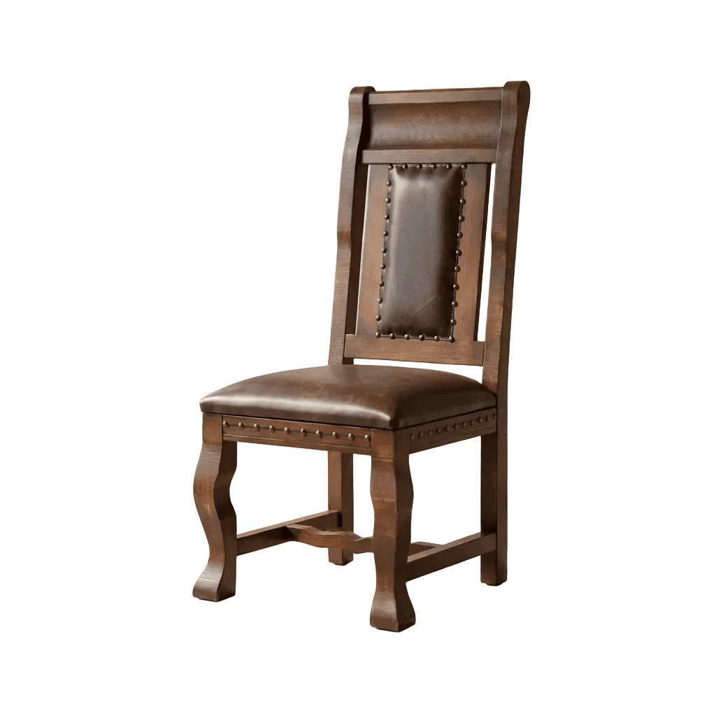 A rustic dark brown wooden dining chair with a high back, upholstered in dark brown leather on both… — 3D model
