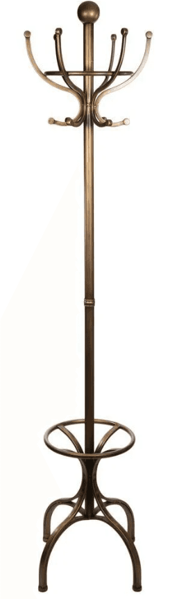 A tall, freestanding hall tree featuring an ornate design and an aged brass or bronze finish. It is… — 3D model