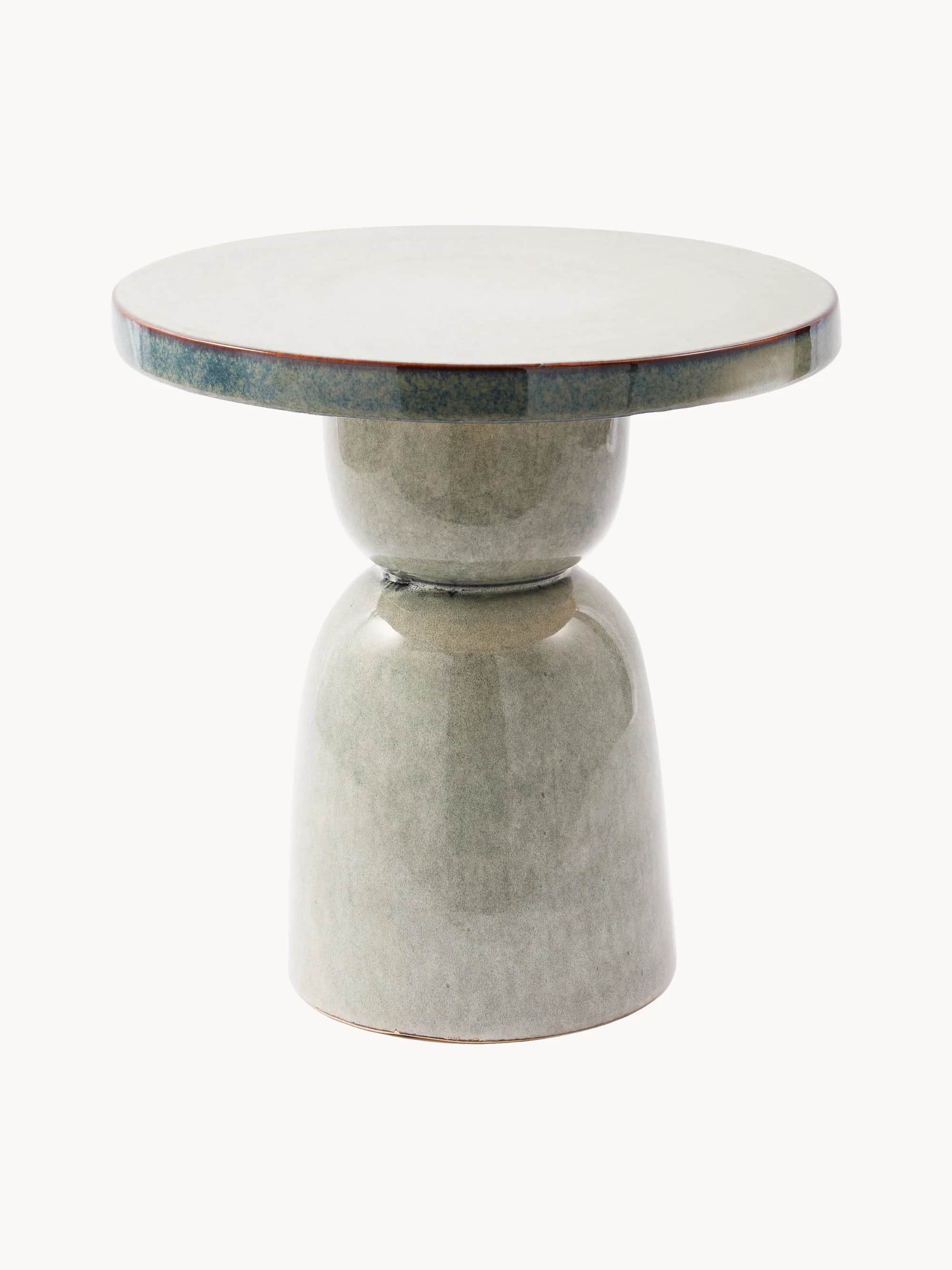 A round side table with a glossy, speckled greenish-gray ceramic base. The base has a unique sculptu… — 3D model