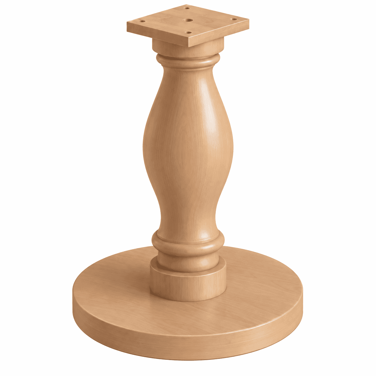 A wooden pedestal table base featuring a turned central column on a flat circular base and a square… — 3D model