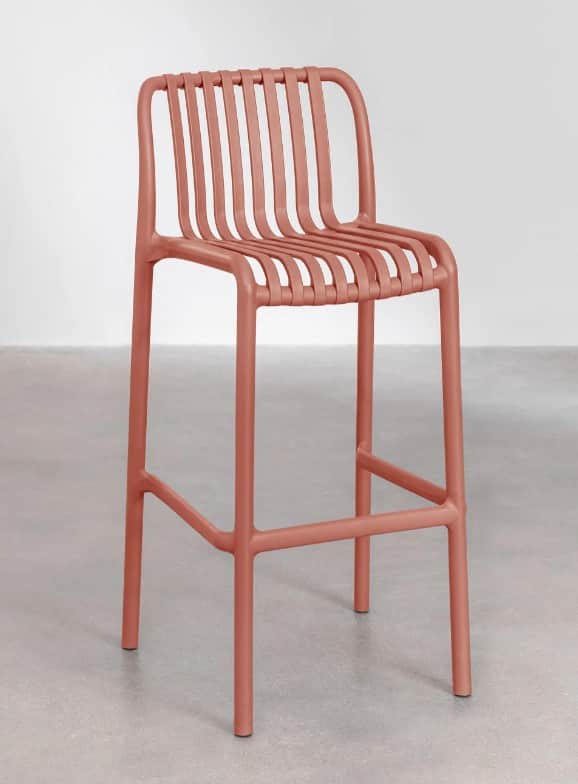 A modern bar stool with a tall profile, featuring a continuous frame forming the legs, footrest, and… — 3D model