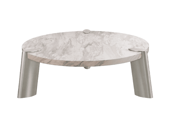 A modern, circular coffee table featuring a white marble top with gray veining, supported by three c… — 3D model