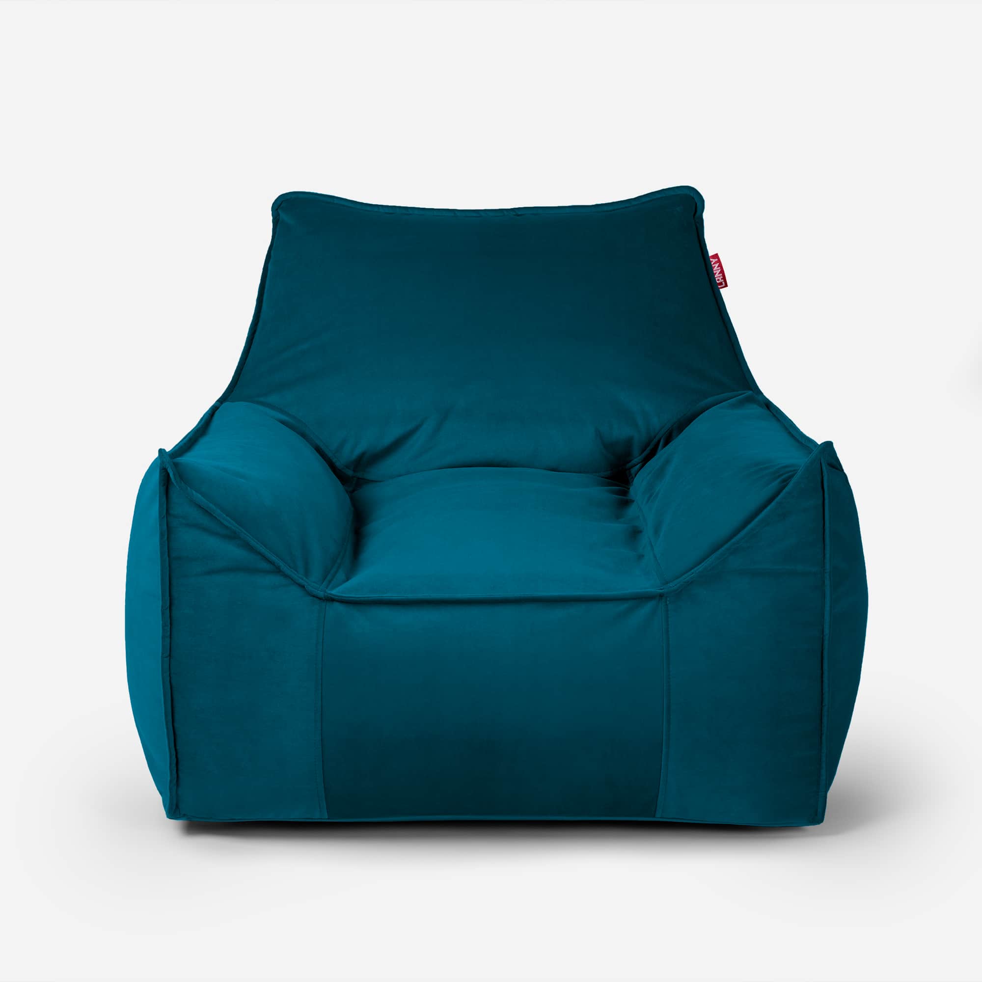 A teal-colored bean bag chair with a structured, armchair-like design. It features a high backrest,… — 3D model