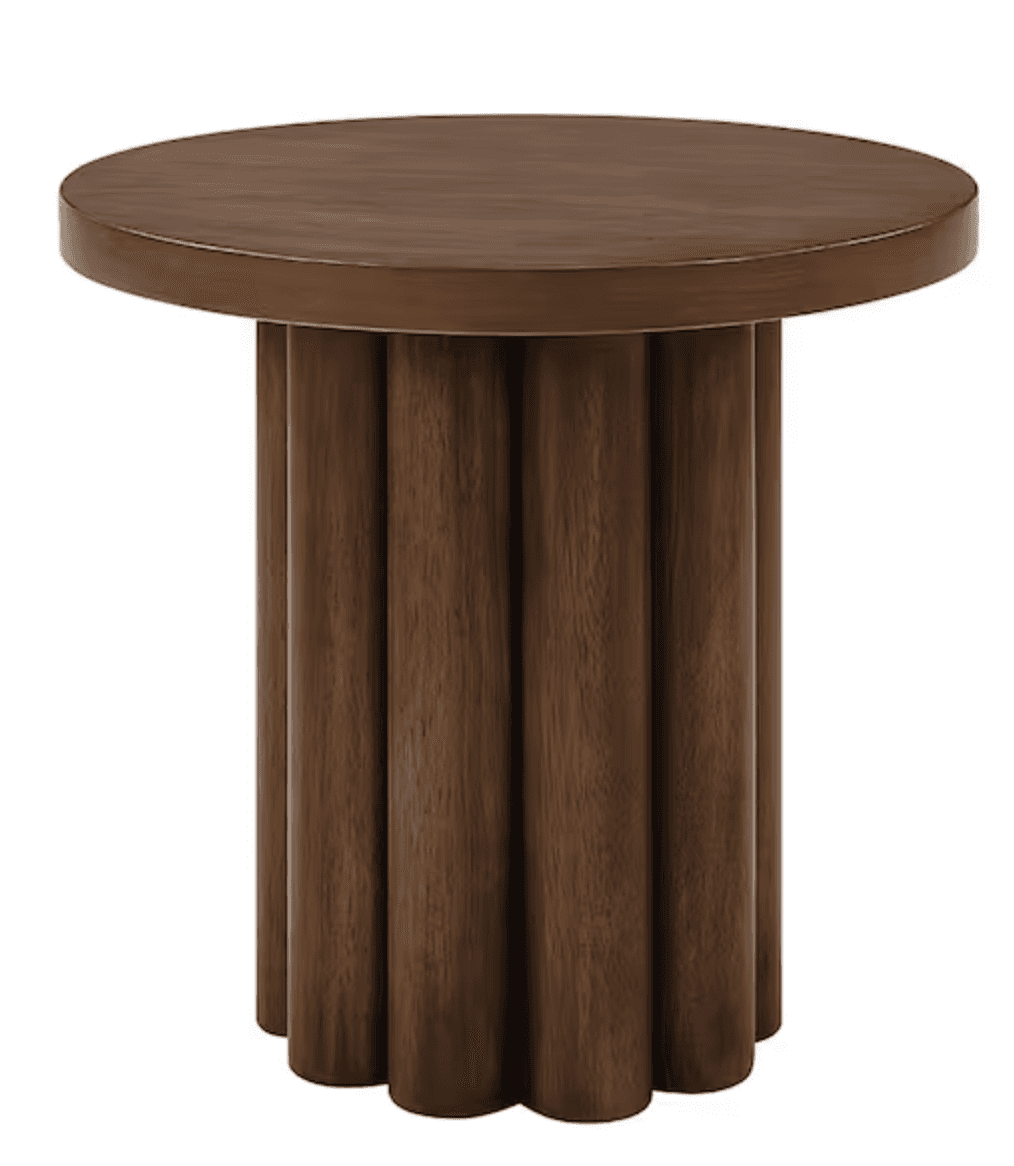 A round accent table made of dark-stained wood, featuring a circular top and a distinctive fluted cy… — 3D model