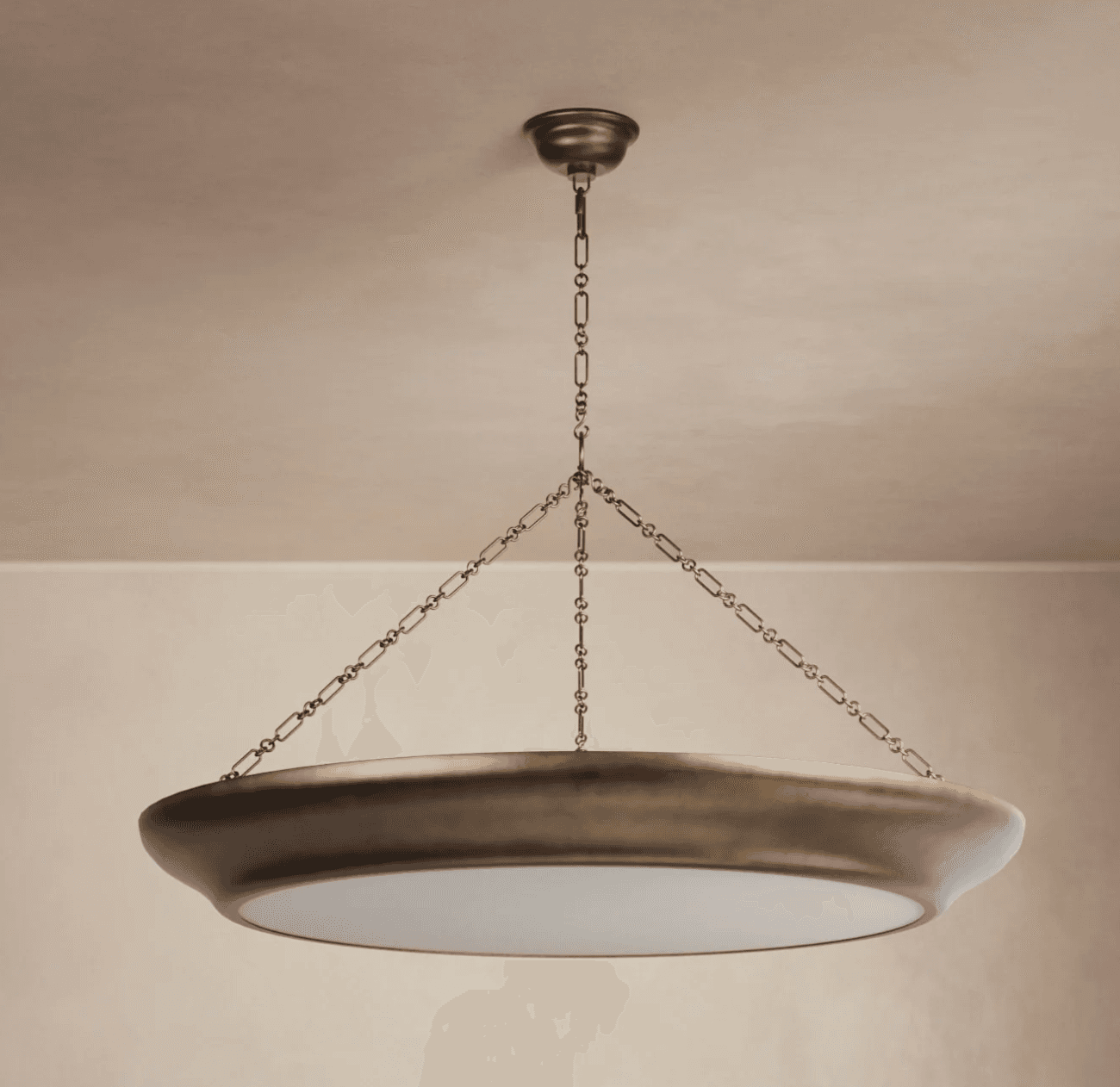 A brass-colored chandelier with a wide, shallow bowl-shaped fixture suspended from the ceiling by a… — 3D model