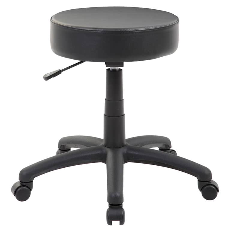 A black, round, upholstered stool featuring a pneumatic height adjustment lever and a five-star base… — 3D model