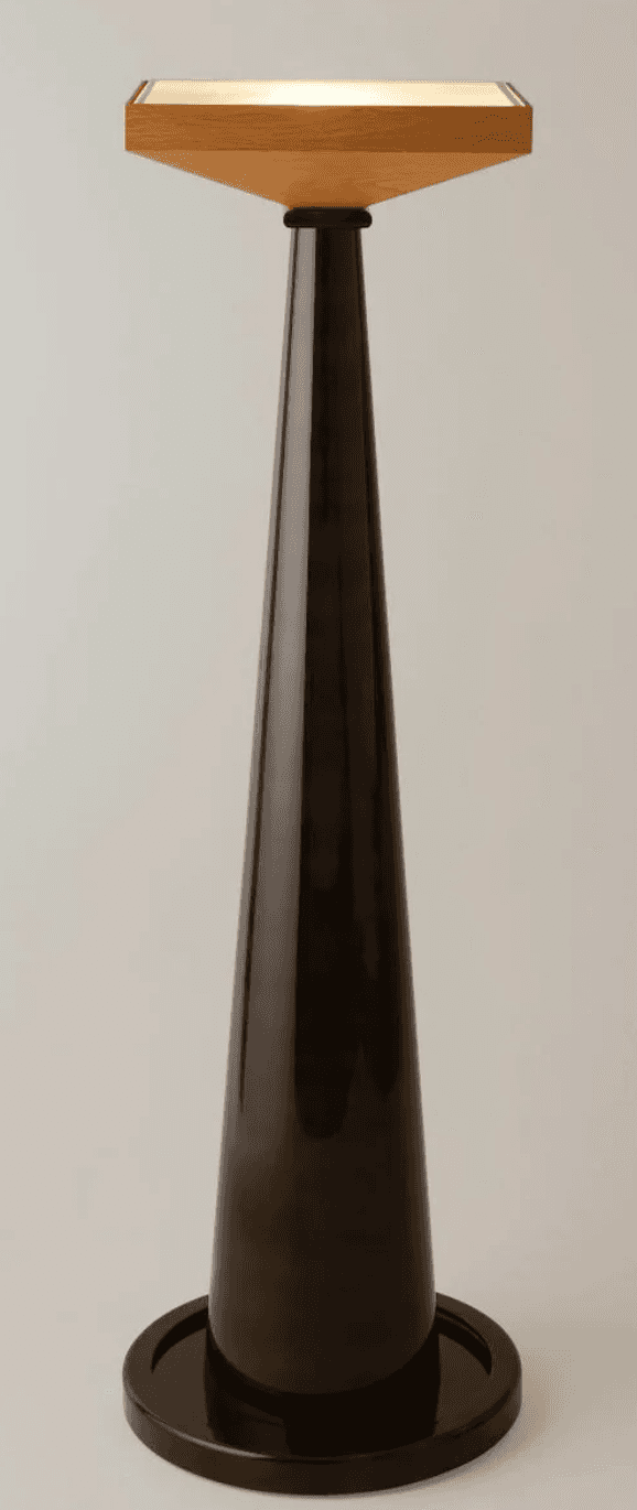 A tall, slender floor lamp featuring a dark, highly polished conical column and base, topped with a… — 3D model