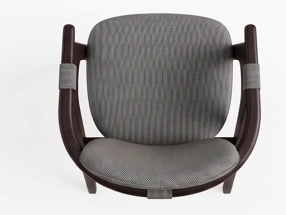 An overhead view of a contemporary armchair featuring a dark stained bentwood frame and grey upholst… — 3D model
