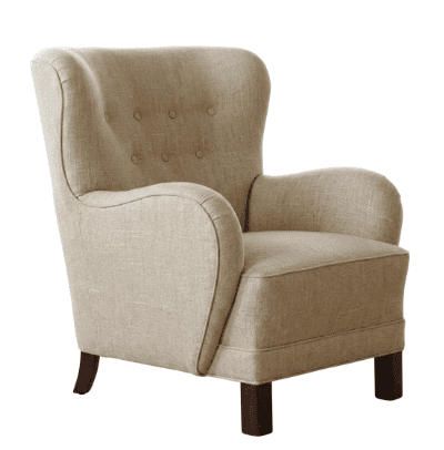 A traditional wingback armchair upholstered in a light beige or ecru woven fabric, likely linen or a… — 3D model