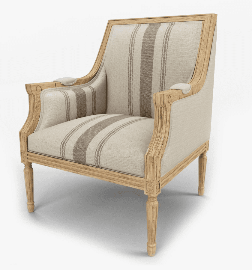A single armchair featuring an exposed carved wooden frame and striped fabric upholstery, presented… — free OBJ 3D model