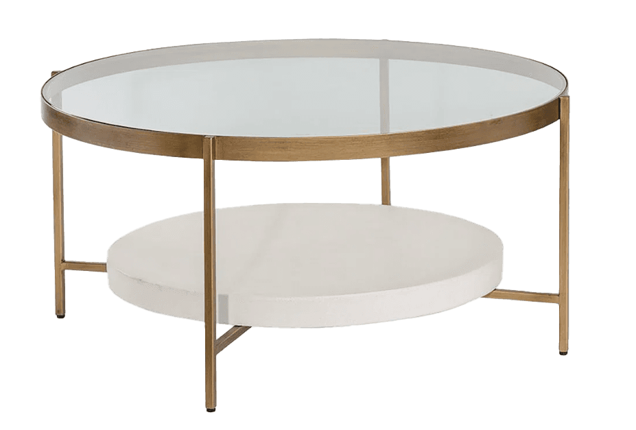 A two-tiered round coffee table with a glass top and a white lower shelf. The frame and legs are mad… — 3D model