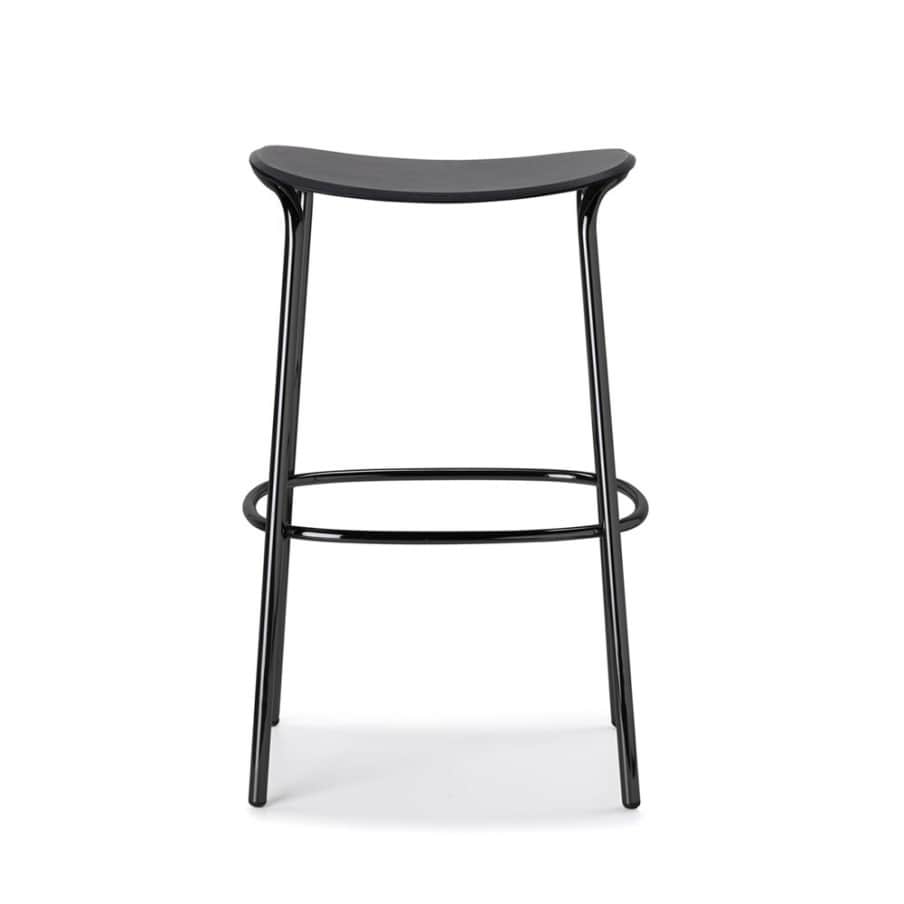 A black bar stool with a curved seat and four slender legs. The legs are connected by a circular foo… — free SKP 3D model