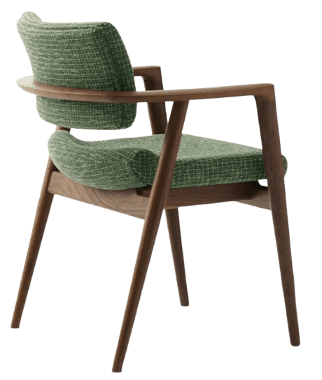 A contemporary armchair featuring a solid wood frame with tapered legs and integrated armrests. The… — free OBJ 3D model