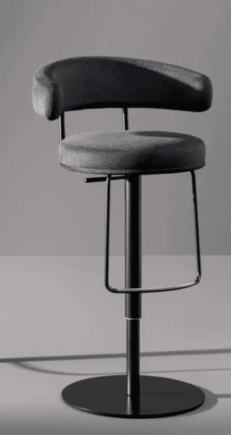 A modern, height-adjustable bar stool featuring a dark grey velvet upholstered seat and a curved, in… — 3D model