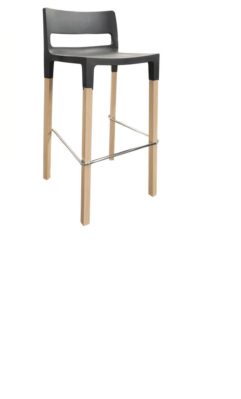 A modern bar stool featuring a dark gray molded plastic seat and backrest, supported by four splayed… — 3D model