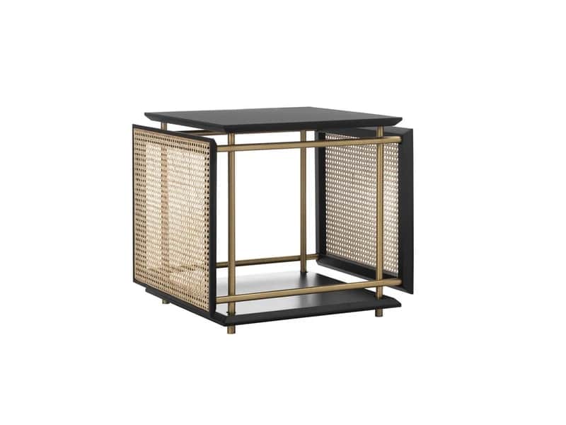 A square-top side table with a black finish. The table features a metal frame in a brass finish, sup… — 3D model