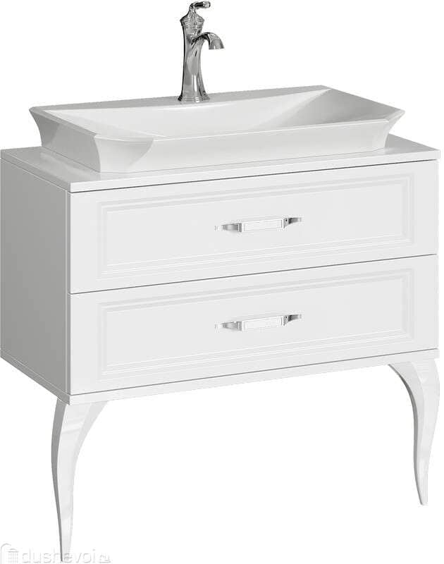 A white freestanding bathroom vanity featuring a rectangular ceramic vessel sink mounted on top of a… — 3D model
