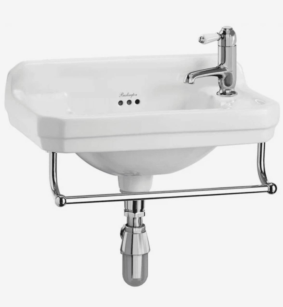 A white ceramic wall-mounted bathroom sink featuring an integrated chrome towel rail and a single-ho… — 3D model
