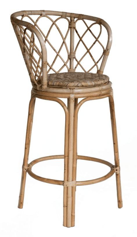 A tall bar stool crafted from natural rattan, featuring a curved, barrel-shaped backrest with an ope… — 3D model