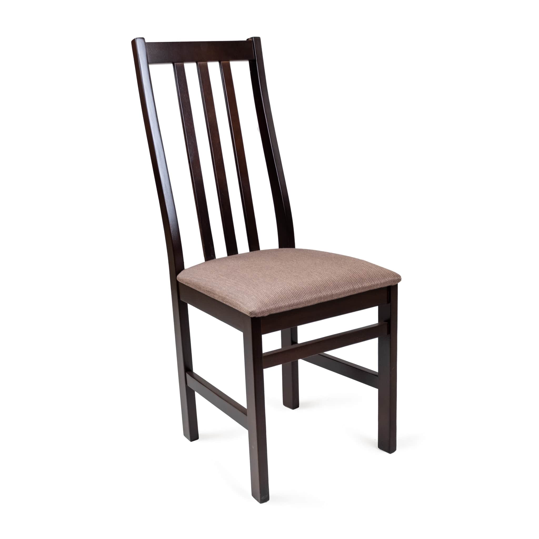 A dark brown wooden chair featuring a slatted backrest and a light brown upholstered seat. The chair… — 3D model