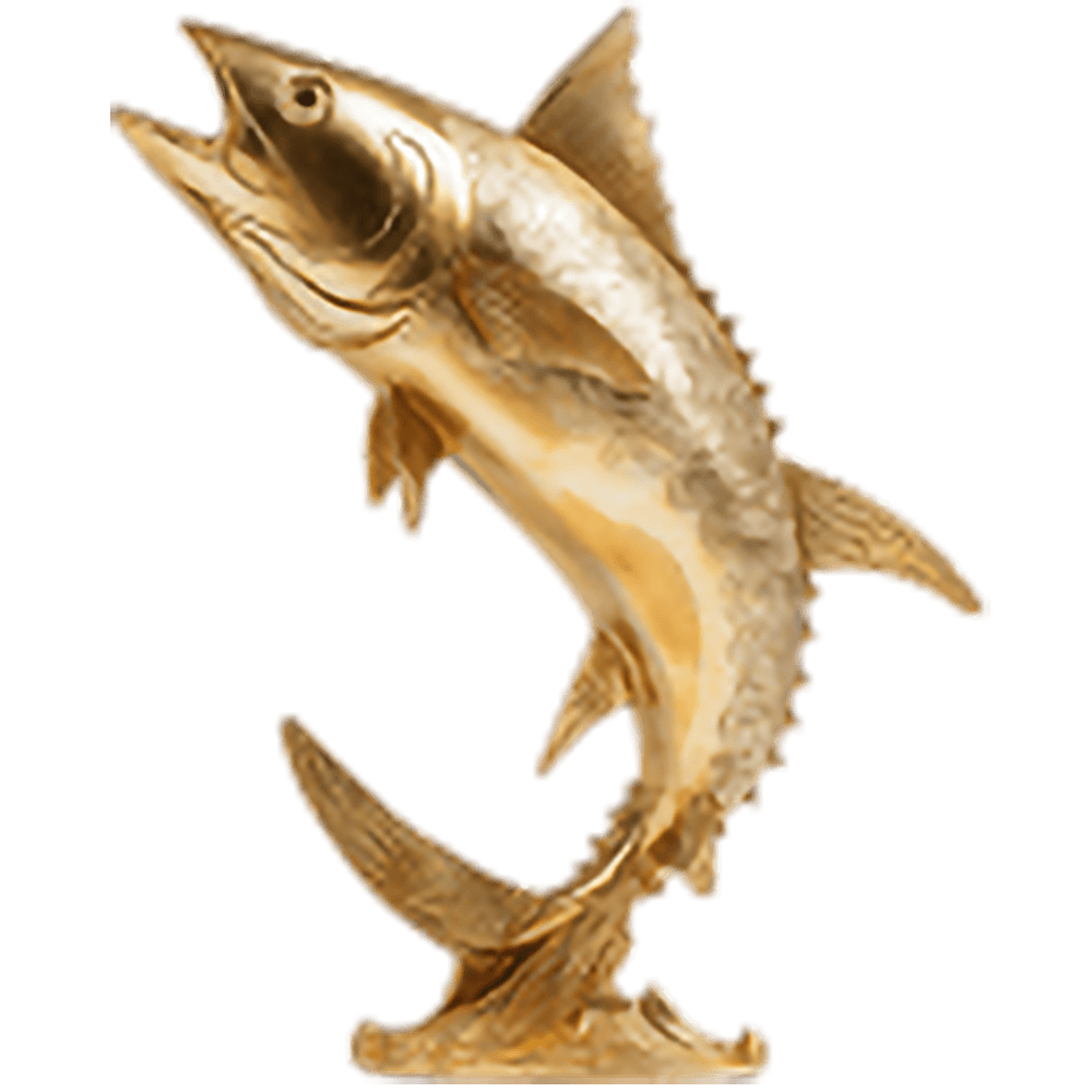 A decorative sculpture depicting a fish in a dynamic, mid-leap posture, crafted from polished golden… — 3D model