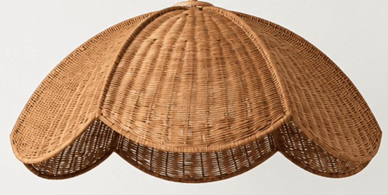 A close-up view of a natural wicker pendant light shade, featuring a distinctive scalloped edge and… — 3D model