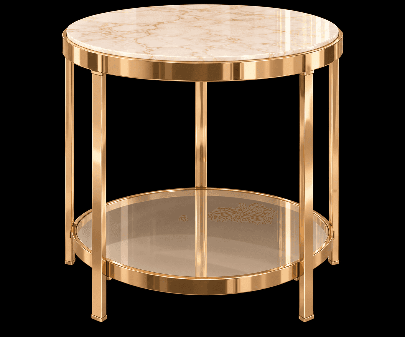 A round, two-tier side table featuring a polished gold-finished metal frame. The top surface is a sm… — 3D model